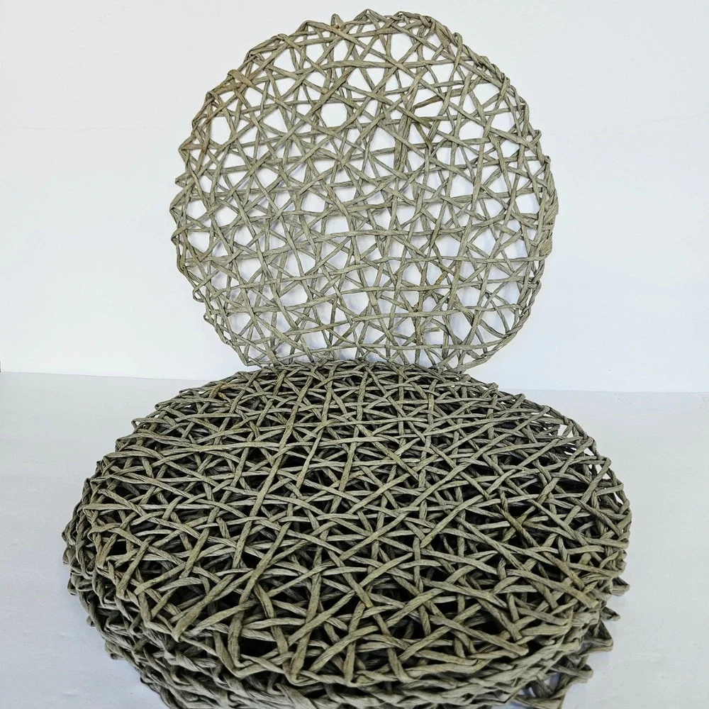Round Woven Placemats Set of 8 Grey Open Weave Rustic Boho Table Decor 15in